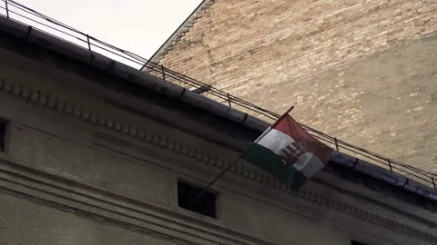 Wind blowing the Hungarian flag mounted on an old house Video stock 157024852