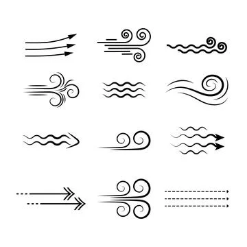 Wind blowing linear icons set, black silhouette icons smell swirling air or fog Stock Illustration