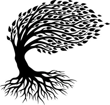Wind Blown Tree Silhouette with Roots and Leaves Illustrazione stock