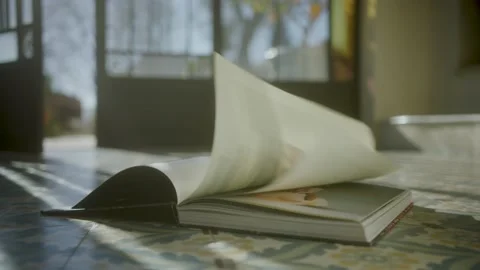The wind blows on a book and makes the pages turn in a luminous veranda Stock Footage 229504787