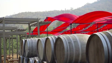 Wind blows long red canvases over large wooden wine barrels Stock Footage 132488501