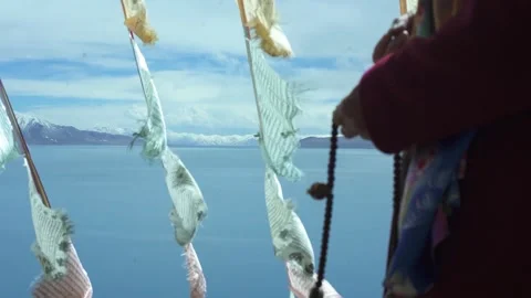 The wind blows the prayer flags and flutters the Tibetan prayer flags Stock-Footage 243064800
