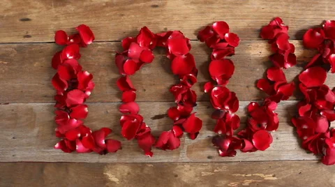 Wind blows red rose petals, Caption word love on wood Video stock 59556584