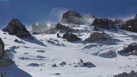 Wind blows snow over the tops of a mountain range on Aconcagua in Argentina Stock Footage 90879058