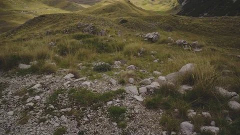 Wind blows through dry grass against rocky peaks of Montenegro and overcast sky Stock-Footage 81979173