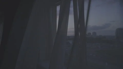 Wind blows through open window frame at home and sways thin transparent curtains Stock-Footage 253663781