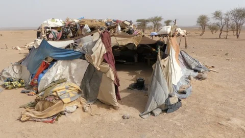 The wind blows thrugh a nomadic hut made by tatters in Morocco, Africa in 4K Stock Footage 92148056