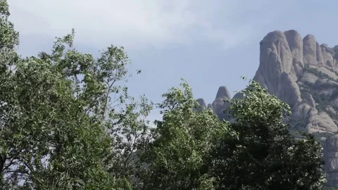 Wind blows trees against a Spanish mountain backdrop 스톡 동영상 77480999