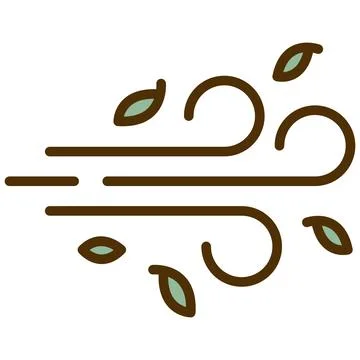 Wind breeze flat icon with blowing leaves and thick outline. Stock Illustration