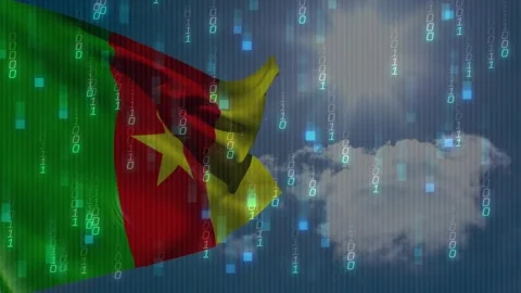 Wind causing Cameroon flag unfolding and fluttering as binary streams falling Vídeos de archivo 317227531
