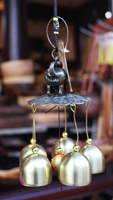 Wind chime bells hanging decoration in souvenir shop Stock Footage 331600766