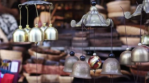 Wind chime bells hanging decoration in souvenir shop Stock Footage 337736134