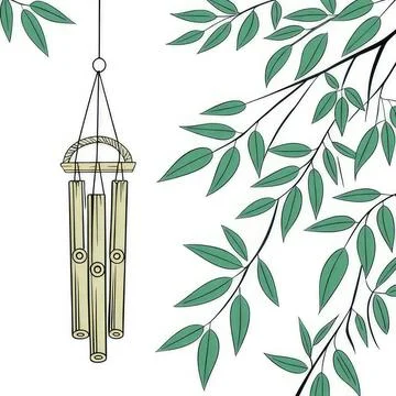 Wind chime hanging from tree branch with green leaves Stock Illustration