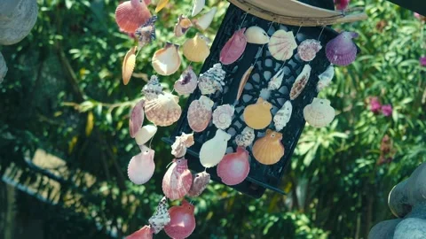 Wind chimes made from colorful shells sway in the wind  Stock Footage 323855006