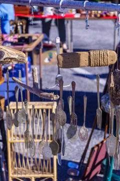 Wind chimes made from recycled silverware Stock Photos