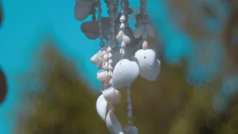 Wind chimes made from white shells on a background of blue sky and trees Stock Footage 323837611