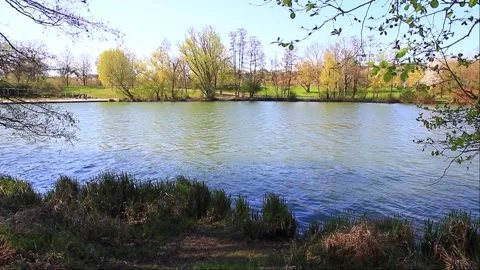 Wind Creating Ripples on Blue Lake Near Regensburg in Spring 스톡 동영상 328640104