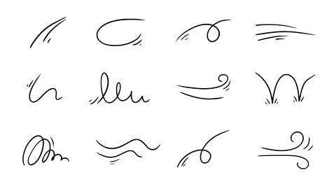 Wind doodle line shape set. Air wind flow, spiral, curve hand drawn doodle Stock Illustration