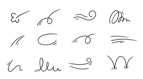 Wind doodle line shape set. Air wind flow, spiral, curve hand drawn doodle Stock Illustration