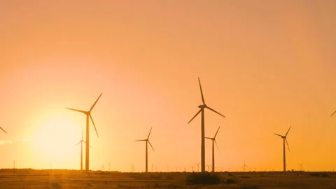 Wind electricity power station with wind turbines generating energy Stock Footage 137125130
