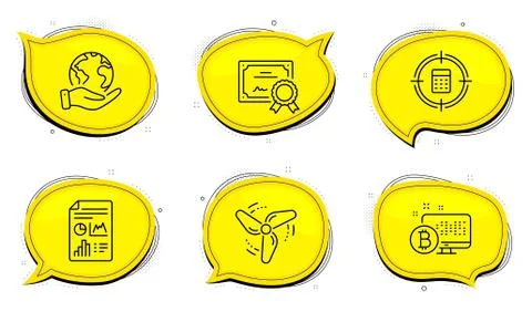 Wind energy, Bitcoin system and Calculator target icons set. Report document Stock Illustration