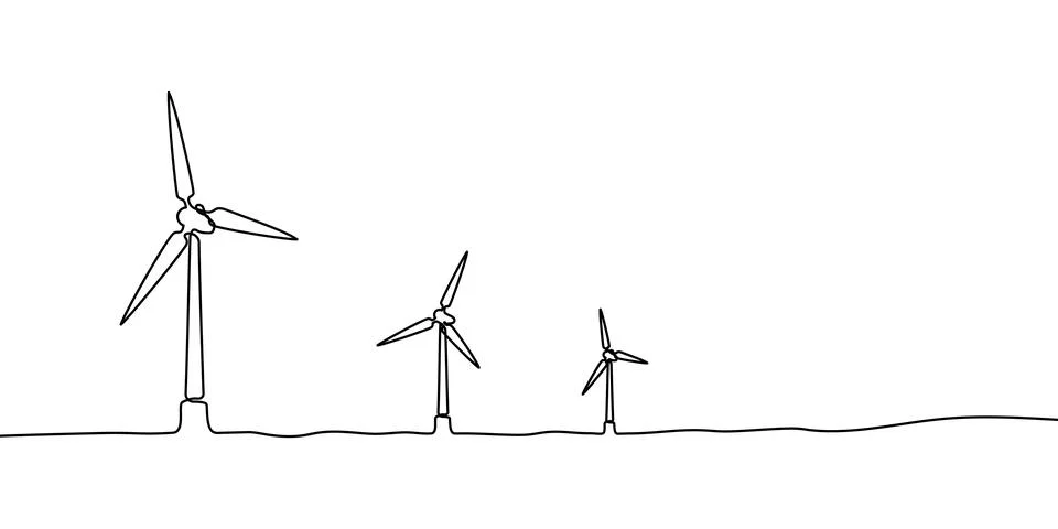 Wind energy continuous line art one drawing windmill sustainable renewable Stock Illustration