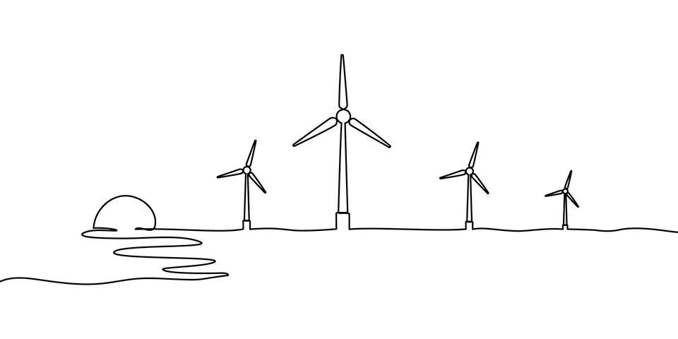 Wind energy continuous line art one drawing windmill sustainable renewable Stock Illustration