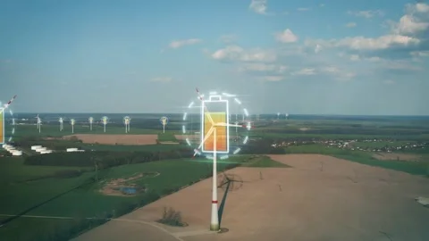 Wind Energy Generated Power Efficiency Concept with Digital Battery Interface 库存影片 331045309