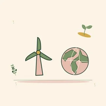 Wind energy with a globe and leafy branches. Decorative flat vector compositi Ilustração Stock