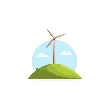 Wind energy on a green hill with clouds, sustainable power generation for a.. Stock Illustration
