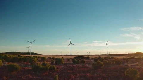 Wind energy packshot many wind turbines at the horizon clean green energy Stock Footage 196473892