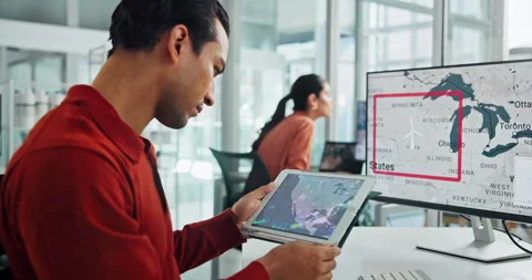 Wind, engineer and man on tablet in office to scroll map for turbine, renewable Stock Footage 305200397