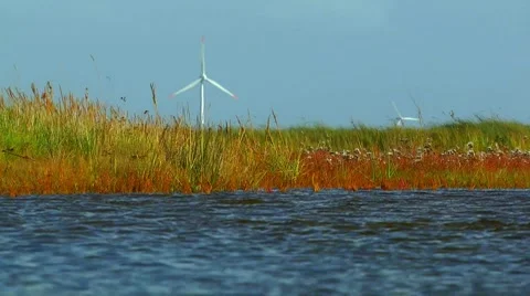 Wind engines behind swamp, intertidal mudflats, Borkum, North Sea, Germany Stock Footage 8833461