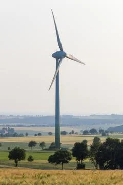 Wind engines between corn field and wood Stock Photos