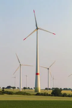 Wind engines between corn field and wood Stock Photos