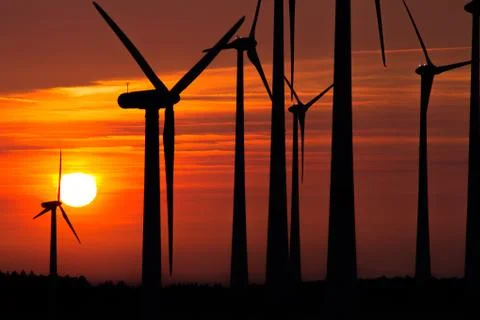Wind engines in rural scene with setting sun Stock Photos