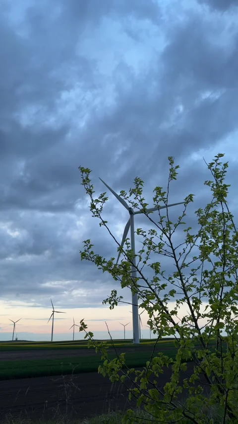 Wind Farm Across Agricultural Fields Under Dramatic Cloudy Sky Stock Footage 335811268