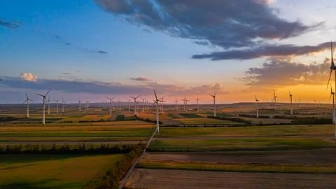 Wind farm across rectangular fields in evening light. A straight track divi.. Stock Photos