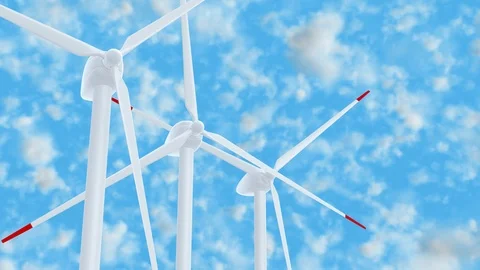 Wind farm against the blue cloudy sky UHD 3D animation Stockbeeldmateriaal 109141733
