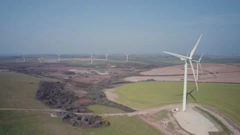 Wind Farm and fields from a drone, Cornwall, England Stock-Footage 172559322