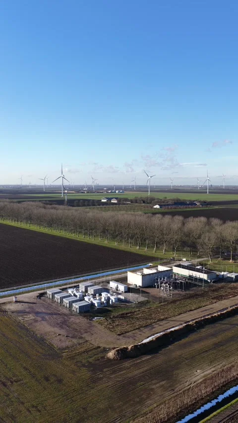 Wind Farm Battery Storage Net Congestion Solution Aerial Stock Footage 331403617