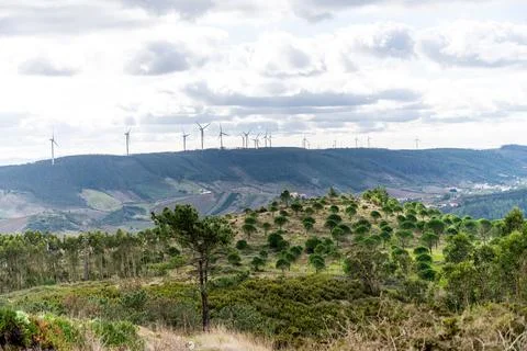 Wind farm on distant ridge seen from Serra de Montejunto Stock Photos