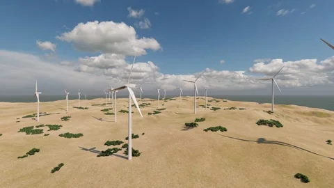Wind farm with high wind turbines against cloudy sky at seashore. Stock Footage 242942883