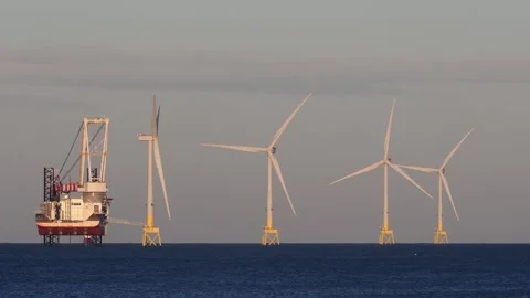 Wind farm installation vessel servicing wind turbines, Aberdeen, Scotland Video stock 300120230