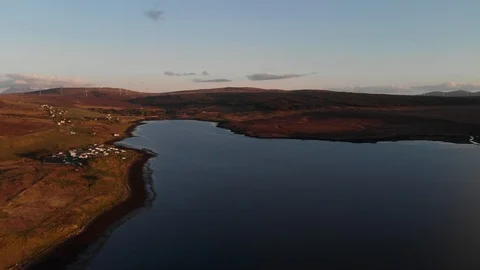 Wind Farm, Loch Shore, Isle Of Skye, Mountain Range Campsite Aerial 4K Stock Footage 108872012