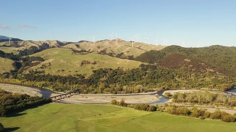 Wind farm in mountainside. Clear sky green energy. Stock Footage 107033685