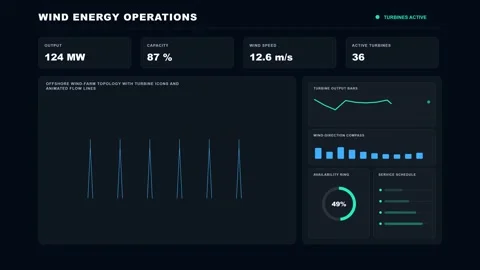 Wind Farm Operations Dashboard Futuristic Data Dashboard 4K Animation Stock Footage 342567553