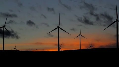 Wind Farm Outline at Sunset Stock Footage 81150915