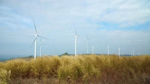 Wind farm for power generation in beautiful skies and swaying grass Video stock 168361997