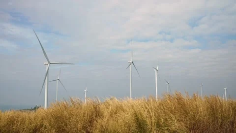 Wind farm for power generation in beautiful skies and swaying grass. Wind tur Video stock 168884201